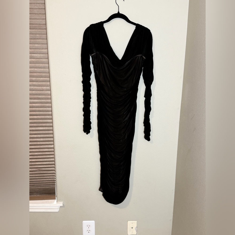 Fashion Nova Black Off-Shoulder Ruched Sheer Midi Dress - Picture 4 of 5